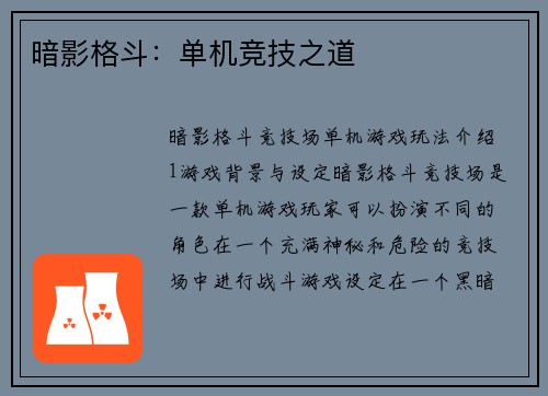 暗影格斗：单机竞技之道